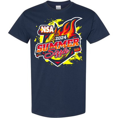 The DSG Apparel 2024 NSA Summer Sizzle Fastpitch Tournament T-Shirt is a navy blue dry fit shirt with a flaming softball graphic, "NSA 2024 Summer Sizzle" text in red, yellow, and white, and a bright yellow paint splatter background.