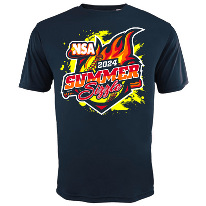 Stay cool in the DSG Apparel 2024 NSA Summer Sizzle Fastpitch Tournament T-Shirt—a navy blue DRI-GEAR shirt with a flaming softball graphic, "NSA 2024" up top, and bold "Summer Sizzle" text in red, yellow, and white.