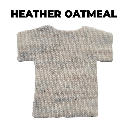 T-shirt-shaped swatch of speckled light gray knit fabric, labeled HEATHER OATMEAL for the 2027 NSA Summer Sizzle Fastpitch Tournament Shirt.