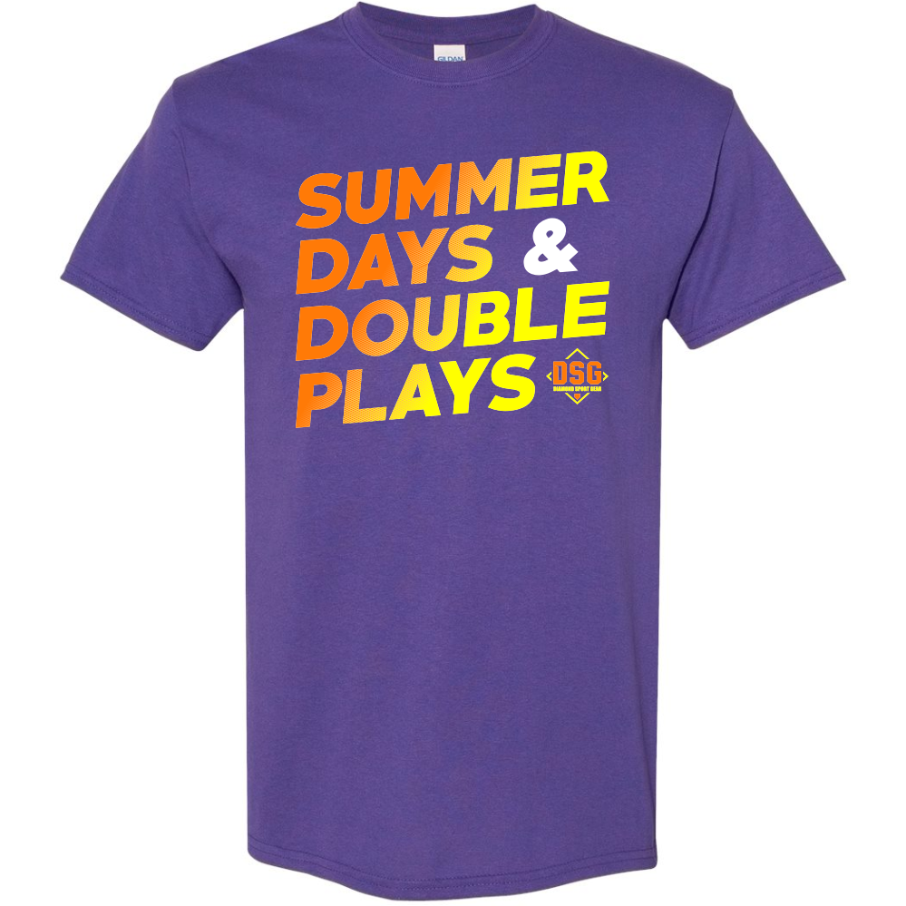 The DSG Apparel Summer Days T-Shirt (DSG-SDDP) features a purple, classic fit with bold yellow, orange, and white "SUMMER DAYS & DOUBLE PLAYS" text and a small DSG logo. Made from soft, pre-shrunk cotton for comfort.