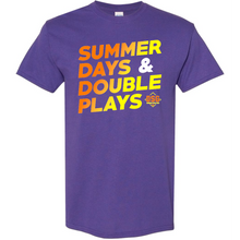 The DSG Apparel Summer Days T-Shirt (DSG-SDDP) features a purple, classic fit with bold yellow, orange, and white "SUMMER DAYS & DOUBLE PLAYS" text and a small DSG logo. Made from soft, pre-shrunk cotton for comfort.