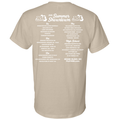 Pre-order the 2026 NSA Summer Showdown Fastpitch Tournament Shirt by DSG Apparel! Features event logo on front, back lists age divisions, teams, and sponsors with NSA logos and GRAND BLANC, MT & PLAYNSA.COM at the bottom.