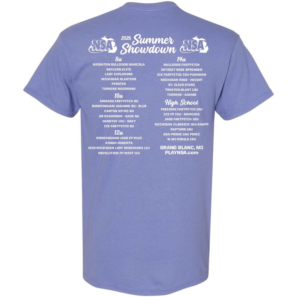 Back of a purple DSG Apparel 2026 NSA Summer Showdown Fastpitch Tournament Shirt with teams and event info for Grand Blanc, MI. White text lists divisions (8U, 10U, 12U, 14U, High School) and team names.