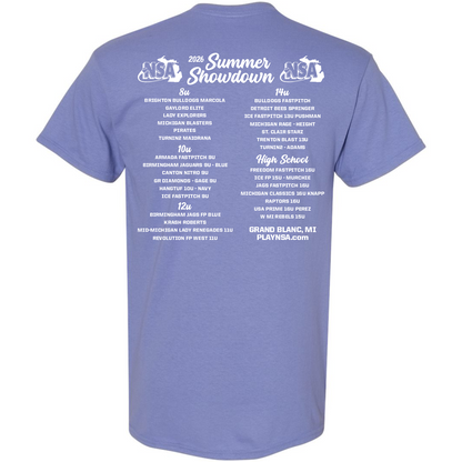 Back of a purple DSG Apparel 2026 NSA Summer Showdown Fastpitch Tournament Shirt with teams and event info for Grand Blanc, MI. White text lists divisions (8U, 10U, 12U, 14U, High School) and team names.