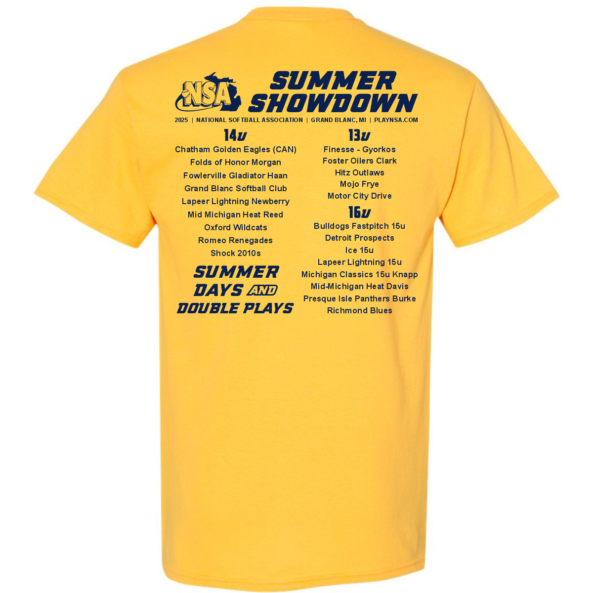 Show your spirit in the 2025 NSA Summer Showdown Fastpitch Tournament T-Shirt by DSG Apparel—yellow with blue text. Pre-order this official NSA apparel now!.