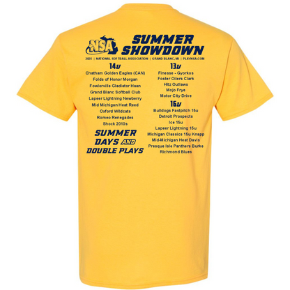 Show your spirit in the 2025 NSA Summer Showdown Fastpitch Tournament T-Shirt by DSG Apparel—yellow with blue text. Pre-order this official NSA apparel now!.