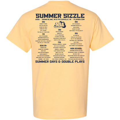 The DSG Apparel 2026 NSA Summer Sizzle Fastpitch Tournament Shirt in yellow features the tournament schedule with team names, divisions, locations, and the bold blue “Summer Days & Double Plays” slogan on the back. Pre-order your shirt now!.