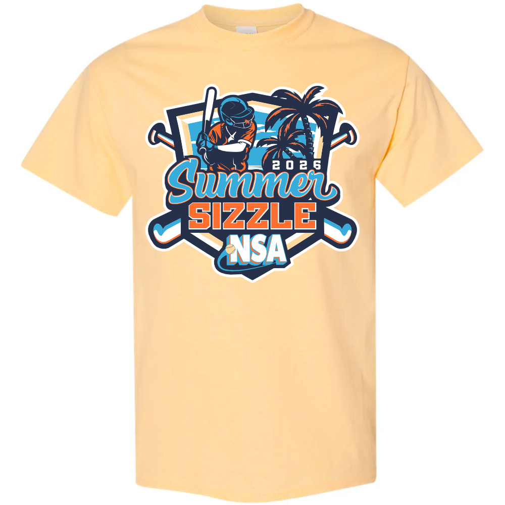 Light yellow DSG Apparel T-shirt featuring a softball player, palm trees, crossed bats, and "2026 NSA Summer Sizzle" text in blue, orange, and white. Perfect pre-order fastpitch tournament shirt for any NSA event!.