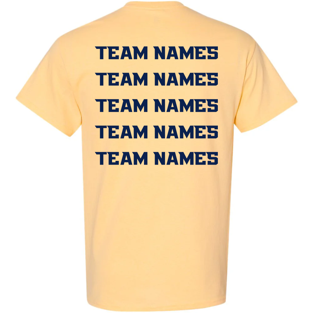 The 2026 NSA Summer Sizzle Fastpitch Tournament Shirt by DSG Apparel is yellow and features TEAM NAMES printed five times in bold, navy blue caps on the back. Preorder this perfect NSA fastpitch shirt today!.