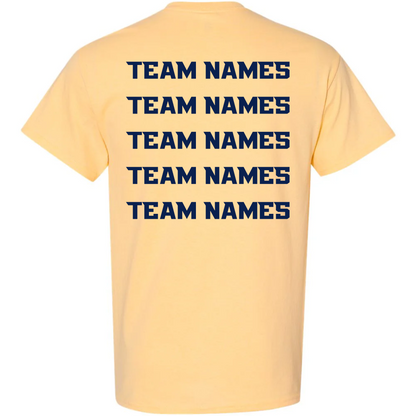 The 2026 NSA Summer Sizzle Fastpitch Tournament Shirt by DSG Apparel is yellow and features TEAM NAMES printed five times in bold, navy blue caps on the back. Preorder this perfect NSA fastpitch shirt today!.