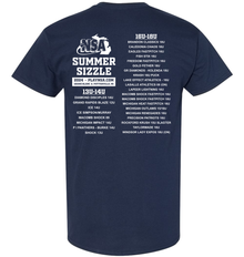 The DSG Apparel 2024 NSA Summer Sizzle Fastpitch Tournament T-Shirt is navy blue, features white text listing teams by 13U–14U and 16U–18U divisions, and displays the tournament name and year below the NSA logo.