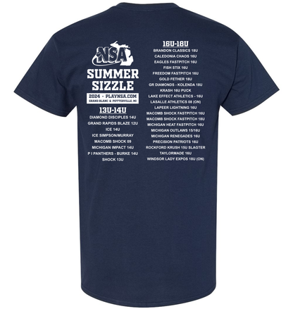 The DSG Apparel 2024 NSA Summer Sizzle Fastpitch Tournament T-Shirt is navy blue, features white text listing teams by 13U–14U and 16U–18U divisions, and displays the tournament name and year below the NSA logo.