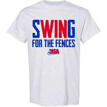 Show your support for the National Softball Association in this DSG Apparel NSA Swing for the Fences Short Sleeve Shirt, featuring bold blue and red text and the official NSA logo below.