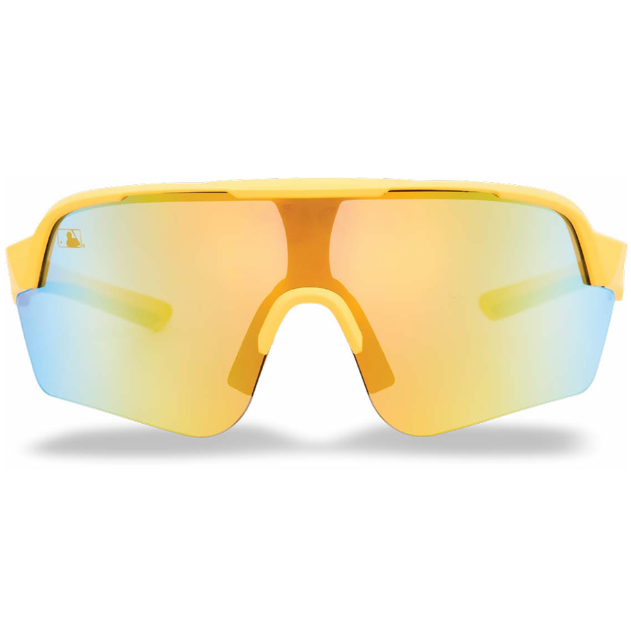 Front view of Franklin MLB Pro Sunglasses: 24012C by Franklin in Vanilla Gold, featuring large reflective orange and blue gradient wraparound lenses with UV protection, displayed on a white background.
