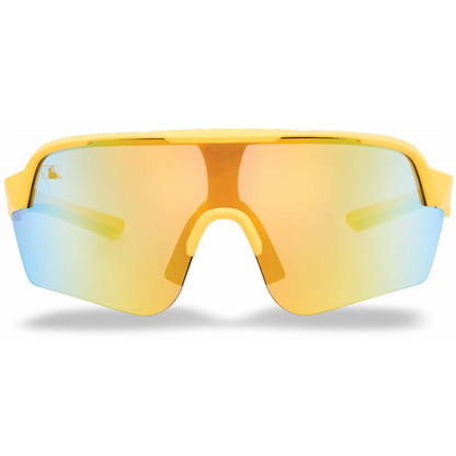 Front view of Franklin MLB Pro Sunglasses: 24012C by Franklin in Vanilla Gold, featuring large reflective orange and blue gradient wraparound lenses with UV protection, displayed on a white background.