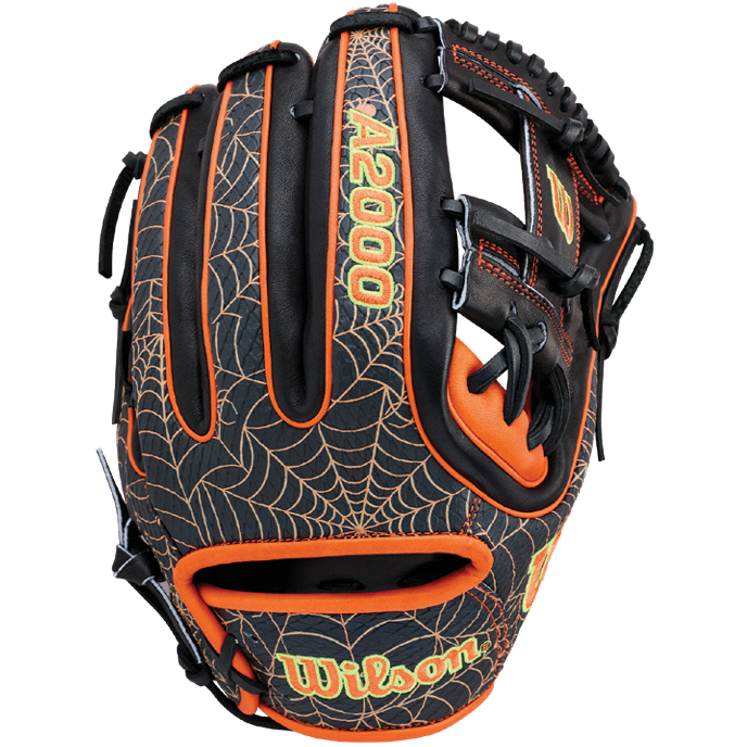The Wilson A2000 1720SS 11.5″ Baseball Glove - GOTM October 2026 (WBG31001RT115) by Wilson showcases a bold black and orange design crafted from premium Pro Stock leather, featuring a signature spiderweb pattern—an exceptional addition for any Glove of the Month collector.