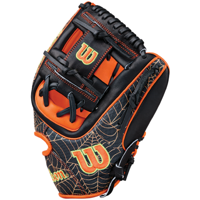 The Wilson A2000 1720SS 11.5″ Baseball Glove (GOTM October 2026: WBG31001RT115) is a black and orange glove featuring spiderweb patterns and green W logos, crafted from Pro Stock leather as part of Wilson’s Glove of the Month series.
