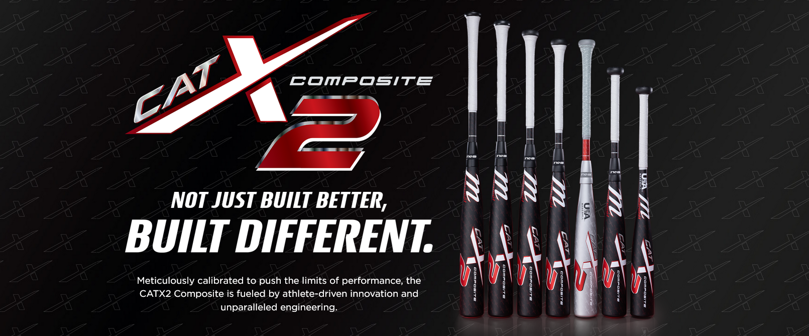 Six CATX Composite baseball bats are displayed upright on a dark background with bold text: “Not just built better, BUILT DIFFERENT.” Smaller text mentions athlete-driven innovation and engineering.