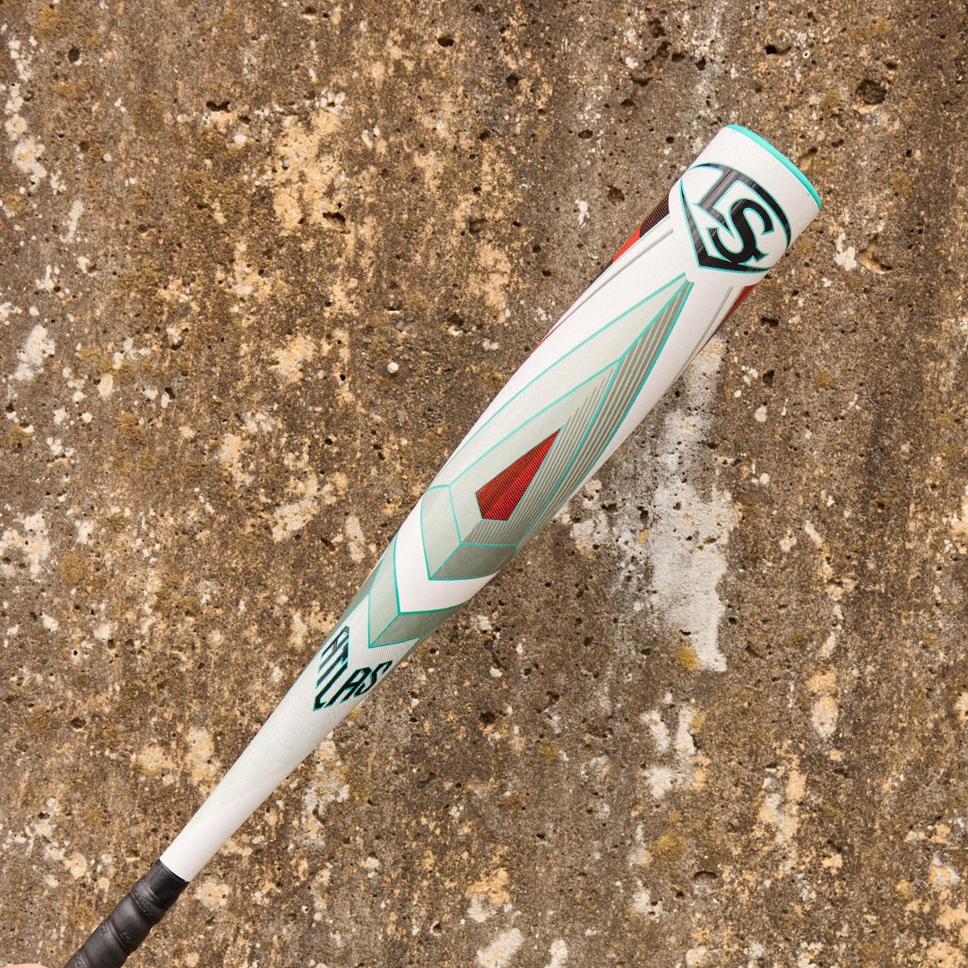 A hand holding the 2025 Louisville Slugger Atlas (-5) 2 5/8" USSSA Baseball Bat (WBL2981010), a balanced one-piece alloy bat by Louisville Slugger.