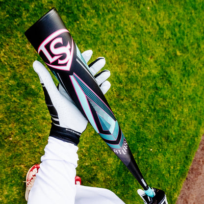 A person holding a Louisville Slugger Atlas (-3) BBCOR Baseball Bat (2025, WBL2968010 DEMO), a one-piece alloy bat by Louisville Slugger.