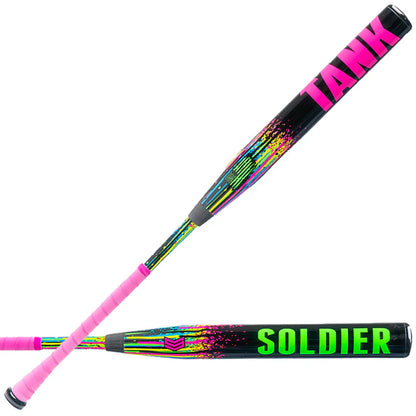 The 2026 Soldier Tank (-10) Fastpitch Softball Bats by Soldier Sports feature bold pink "TANK" and green "SOLDIER" graphics, light swing weight, and pink grips for easy handling.