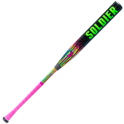 The Soldier Sports 2026 Soldier Tank (-10) Fastpitch Softball Bat (S-10-26-2) features bold neon green SOLDIER on a black barrel, vibrant graphics, a pink grip, and a light swing weight for easy handling.