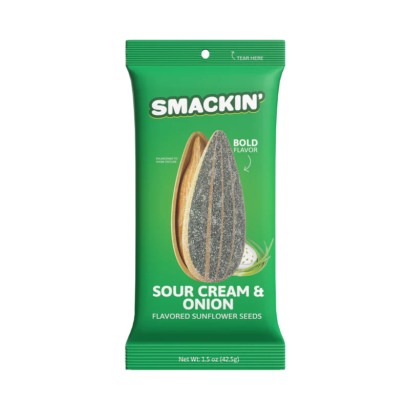 A green bag of Smackin' Sunflower Seeds - 1.5oz Sour Cream & Onion features a large seed illustration, the BOLD FLAVOR text, and Net Wt: 1.5 oz (42.5g) on the front.
