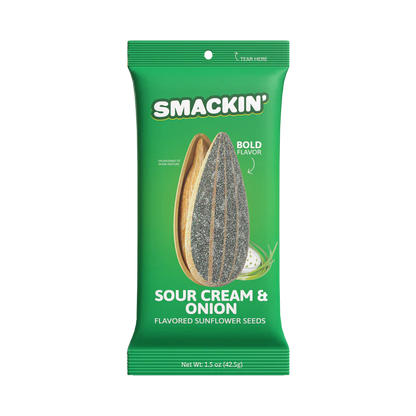 A green bag of Smackin' Sunflower Seeds - 1.5oz Sour Cream & Onion features a large seed illustration, the BOLD FLAVOR text, and Net Wt: 1.5 oz (42.5g) on the front.