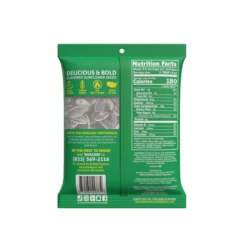 Back of a green Smackin' Sunflower Seeds - 4oz bag shows nutrition facts, serving size, a serving suggestion photo, bold flavor text, QR code, and a contact number for more info. Brand: Smackin' Sunflower Seeds.