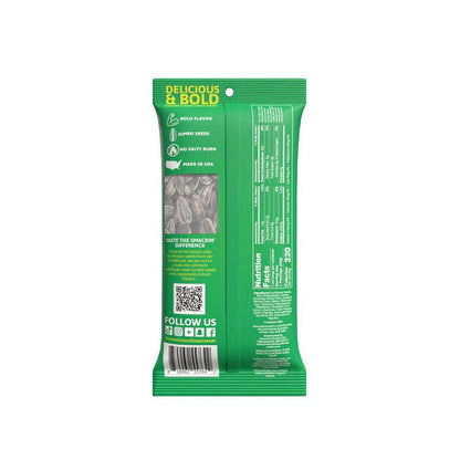 Back of a green Smackin' Sunflower Seeds - 1.5oz pack shows jumbo seeds through a clear window, nutrition facts, QR code, and features like bold flavors, no salty burn, and made in the USA. Brand: Smackin' Sunflower Seeds.