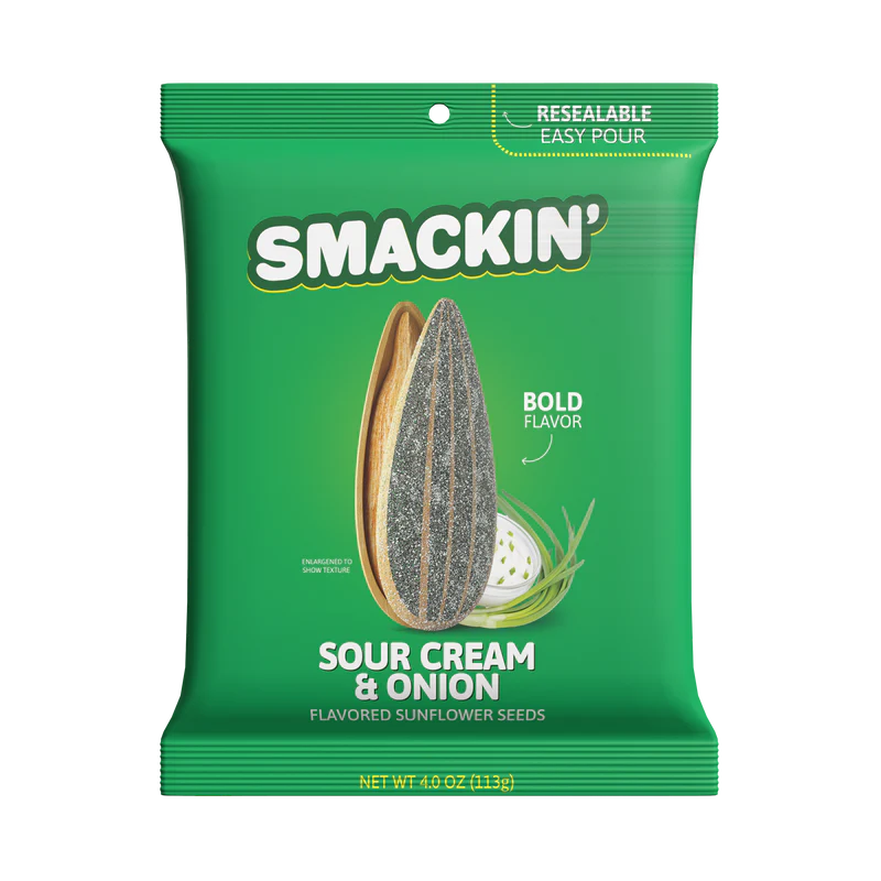 A green 4oz Smackin' Sunflower Seeds bag features sour cream & onion images, a large sunflower seed graphic, bold flavor callout, and a resealable easy-pour top.