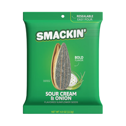 A green 4oz Smackin' Sunflower Seeds bag features sour cream & onion images, a large sunflower seed graphic, bold flavor callout, and a resealable easy-pour top.
