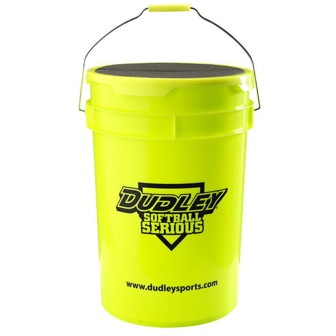 Store and organize your Dudley NSA Thunder Heat 12″ 47/375 Leather Fastpitch Softballs with this bright yellow bucket, featuring a sturdy black lid and handle. The Dudley Softball Serious logo and www.dudleysports.com are printed on the side, making it perfect for keeping your NSA Approved softball equipment ready for your next game.