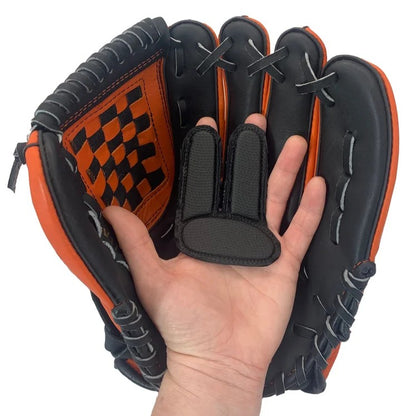 A human hand holds a black and orange baseball glove containing a Markwort PalmGuard Sting Stopper Glove Insert: PAI101 / PYI101.