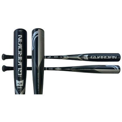 Four black and silver 2022 Stinger Guardian (-3) BBCOR Baseball Bats by Stinger Sports are shown vertically and horizontally, highlighting balanced swing weight, bold branding, and a sleek, modern design from handle to barrel.