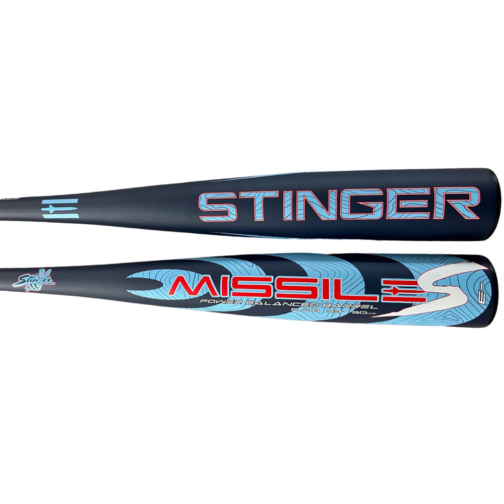 The 2024 Stinger Missile S (-3) BBCOR Baseball Bat by Stinger Sports features a black design with blue and red accents, MISSILE branding, balanced swing weight, and advanced vibration-reducing technology.