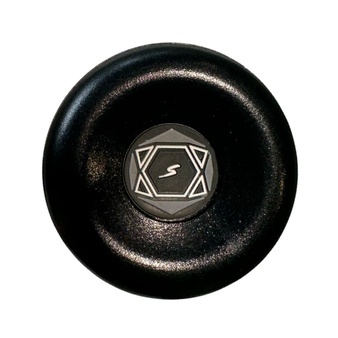 The 2022 Stinger Guardian (-3) BBCOR Baseball Bat by Stinger Sports features balanced swing weight and is BBCOR certified, delivering top performance much like a black matte yo-yo with a hexagonal S logo on its metallic cap.