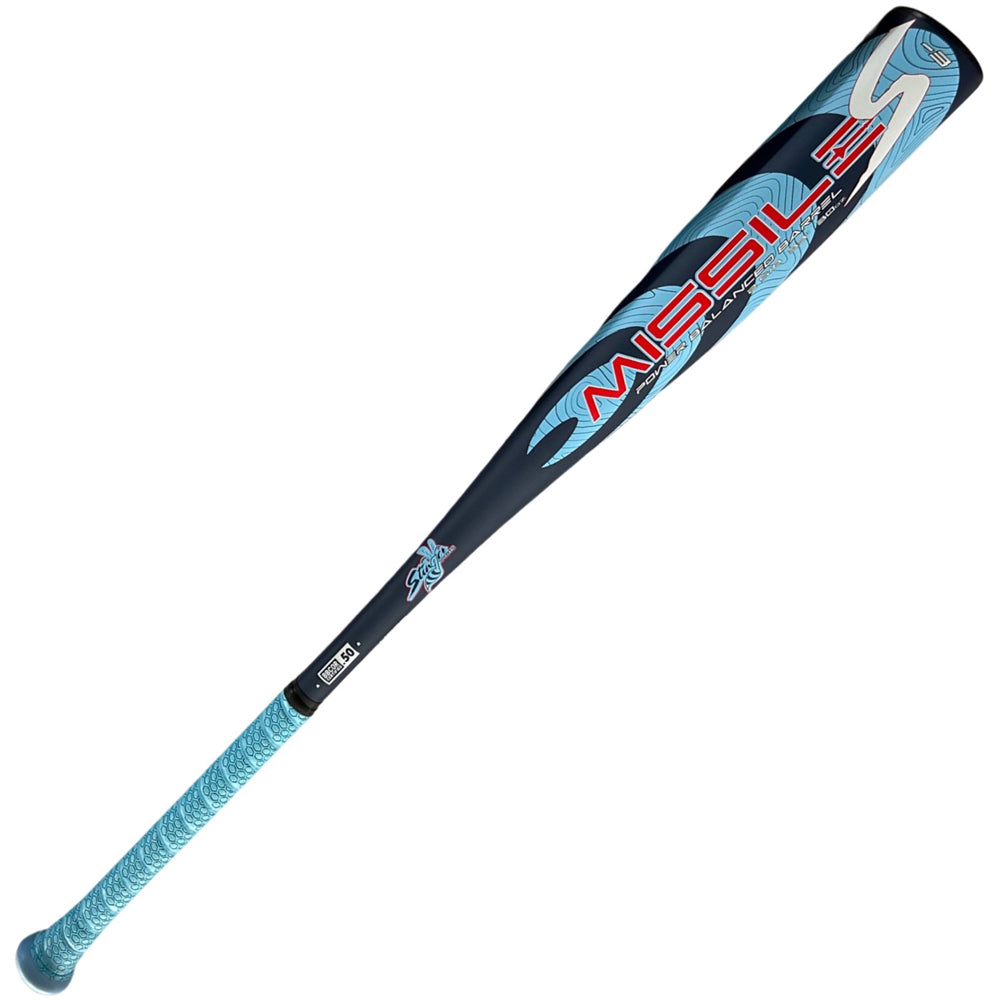 The 2024 Stinger Sports Missile S (-3) BBCOR Baseball Bat (MISLS) features black and blue colors, a light blue grip, red and white "MISSILE" branding on the barrel, and blue/silver graphics for balanced swing weight.