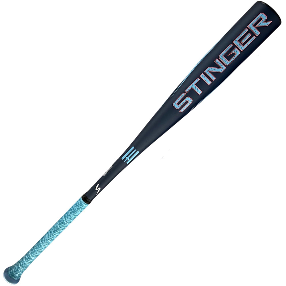 The 2024 Stinger Missile S (-3) BBCOR Baseball Bat by Stinger Sports features a black barrel with a light blue patterned grip and bold STINGER lettering, designed for balanced swing weight.