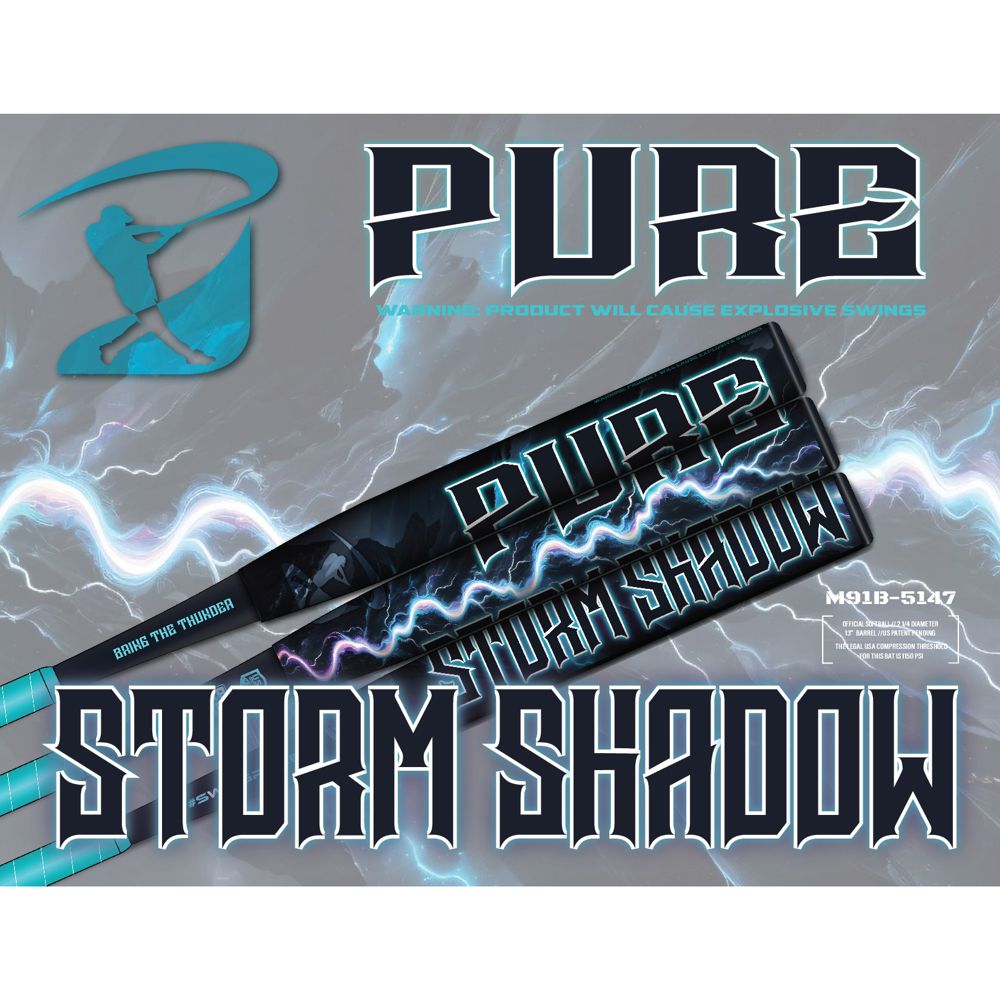 Text-heavy graphic with PURE SPORTS and Storm Shadow 5147M91B in bold fonts, lightning effects, and a stylized figure swinging the 2025 Pure Storm Shadow 13" Balanced USA Slowpitch Bat, "bring the thunder" displayed on the bat illustration.