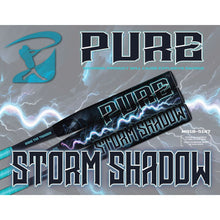 Text-heavy graphic with PURE SPORTS and Storm Shadow 5147M91B in bold fonts, lightning effects, and a stylized figure swinging the 2025 Pure Storm Shadow 13" Balanced USA Slowpitch Bat, "bring the thunder" displayed on the bat illustration.