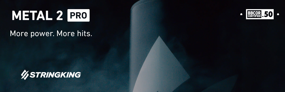 Dark promotional banner for the StringKing Metal 2 Pro baseball bat, featuring the text More power. More hits. and BBCOR Certified .50 with the StringKing logo.