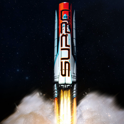 A rocket blasts off, its bright flames and smoke below. The sleek white body with red-orange accents mirrors the 2026 Louisville Slugger Supra Starship (-10) USSSA Bat’s design, as stars twinkle in the sky above.