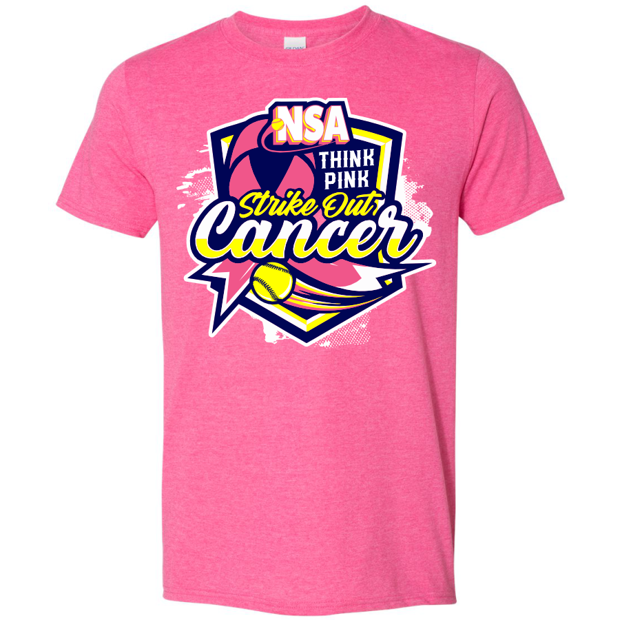 The 2025 NSA Think Pink Strike Out Cancer Fastpitch Tournament T-Shirt by DSG Apparel features a bold softball graphic, ribbon, and slogan—perfect for showing support as a pre-order tournament shirt.