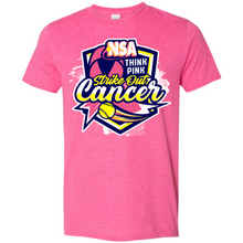 The 2025 NSA Think Pink Strike Out Cancer Fastpitch Tournament T-Shirt by DSG Apparel features a bold softball graphic, ribbon, and slogan—perfect for showing support as a pre-order tournament shirt.