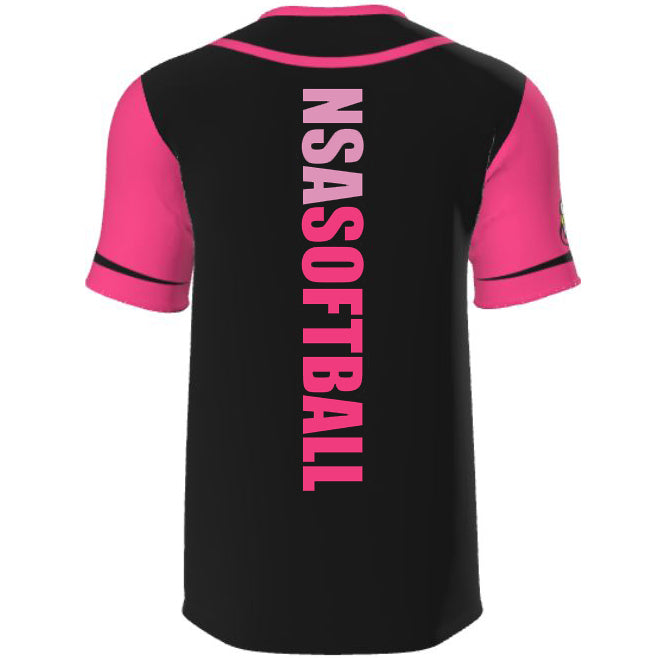 Show your support during Breast Cancer Awareness events with the National Softball Association NSA Breast Cancer Awareness Sublimated Short Sleeve Shirt by DSG Apparel, featuring a black and pink full dye sublimation design with white text.