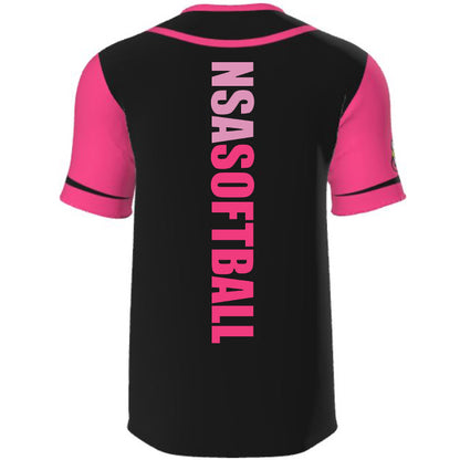 Show your support during Breast Cancer Awareness events with the National Softball Association NSA Breast Cancer Awareness Sublimated Short Sleeve Shirt by DSG Apparel, featuring a black and pink full dye sublimation design with white text.