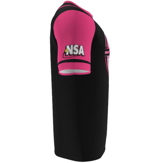 A side view of the DSG Apparel National Softball Association NSA Breast Cancer Awareness Sublimated Short Sleeve Shirt, featuring a black body, pink sleeves, NSA text, and a yellow, white, and pink softball graphic on the upper arm.