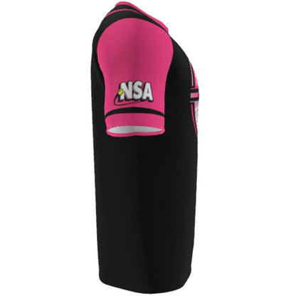 A side view of the DSG Apparel National Softball Association NSA Breast Cancer Awareness Sublimated Short Sleeve Shirt, featuring a black body, pink sleeves, NSA text, and a yellow, white, and pink softball graphic on the upper arm.