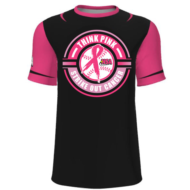 The DSG Apparel National Softball Association NSA Breast Cancer Awareness Sublimated Short Sleeve Shirt features a black and pink design with the message "THINK PINK STRIKE OUT CANCER" and is ideal for Breast Cancer Awareness events.